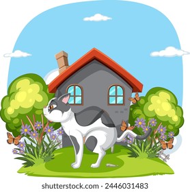 A playful cat surrounded by butterflies near a house