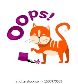 playful cat turned the flower over. harmful joker.cat bad character in bright colors.Use as a modern print, sticker, childish illustration. vector illustration