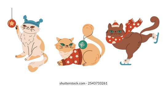 Playful cats celebrate New Year flat color vector characters set. Dressed up pets on winter holidays illustrations bundle on white background