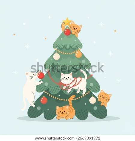 Playful Cats Decorating a Christmas Tree, Vector Illustration