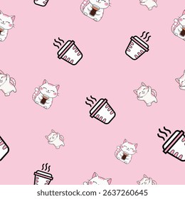 Playful cats with hot drinks pattern cute design digital art whimsical environment top-down view fun concept, seamless patterns