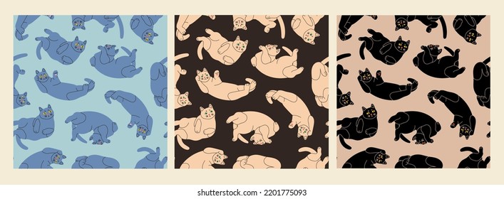 Playful Cats lying in various poses. Cozy, comfortable positions. Funny cute characters. Hand drawn modern Vector illustration. Set of three square seamless Patterns. Background, wallpaper