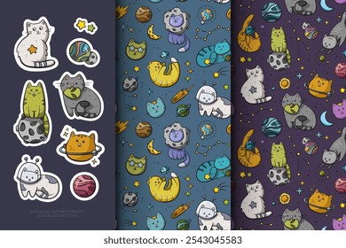 Playful cats in space-themed designs, with individual stickers and seamless patterns of cats floating among planets, stars, and celestial objects.