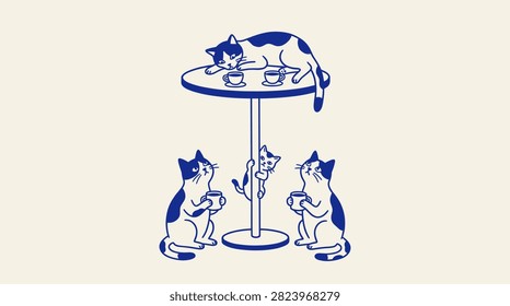 Playful cats and a tiny kitten gathering around a high table to drink coffee and tea together in a cozy cafe.