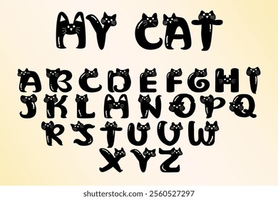 Playful Cat-Themed Alphabet Vector Font with Whimsical Feline Design on Gradient Background