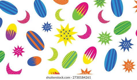 Patrón celestial juguetón con estrellas coloridas, lunas, soles y Formas abstractas, diseño decorativo vibrante