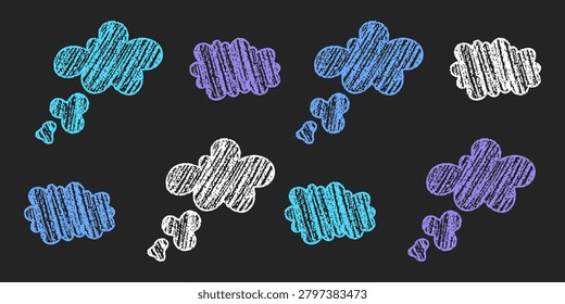 Playful chalk cloud speech bubbles with rough crayon texture in cyan, blue, violet and white on dark blackboard background. Hand-drawn message templates with childlike feel.
