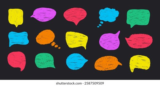 Playful Chalk Crayon speech bubbles collection. Grunge scribble textured talk Balloon. Communication chatting quote frame. Hand drawn blank sketch text bubble icons