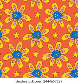 Playful chamomile seamless pattern with flowers and stars. Bright floral party background. Repeat vector illustration with hand drawn blossoms and vibrant colors. 