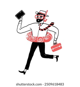 A playful character in business attire runs with a float, briefcase, and snorkel gear, blending work and leisure. This illustration captures the spirit of balance and adventure.