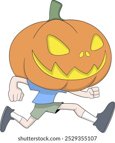 A playful character with a carved pumpkin for a head is shown running, embodying the fun and excitement of Halloween. This illustration is ideal for holiday-themed projects, promotions, or decorations