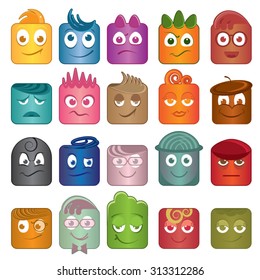 playful character icons in different colors - 20 images, all separated, editable, vector, colorful 
