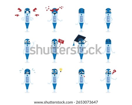A playful character thermometer displays a range of expressions and scenarios. Each pose captures different feelings, from excitement to confusion. It s designed for engaging educational use.