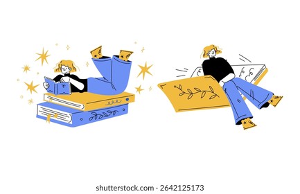Playful Characters Engaged in Reading and Relaxation Amidst a Colorful World of Imagination
