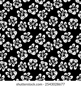 A playful and charming seamless pattern featuring cat paw prints on a sleek black background