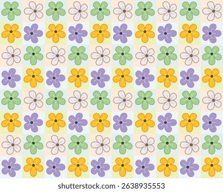 Playful checkerboard groovy seamless pattern with hand-drawn daisy flowers on colourful check backgrounds. Lovely colorful precious vectors illustrations in artistic 60s, 70s for surface artwork