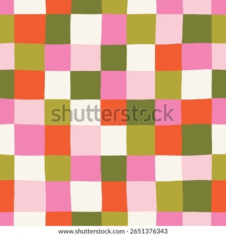 Playful Checkered Pattern In Multicolor. Artistic Colorful Grid Texture. Hand-Drawn Squares Seamless Texture