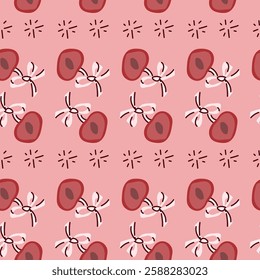 Playful cherry blossom and seed pattern in red and pink palette.