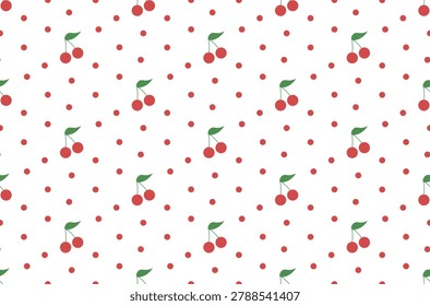 Playful cherry repeat pattern featuring scattered cherries and dots, ideal for apparel, packaging, stationery, nursery decor, and surface design.