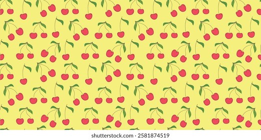 Playful Cherry Seamless Pattern on Yellow Background