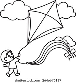 A playful child joyfully flies a kite with a rainbow tail and bow, surrounded by fluffy clouds, isolated on a white background. This illustration captures the essence of outdoor fun and childhood.