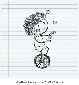 A playful child juggling while riding a unicycle