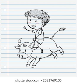 Playful child riding a bull on lined paper