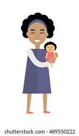 Playful child vector. Flat design. Smiling girl with black curly hair and in blue dress standing with doll in hands. Traditional toys to play motherhood. For childhood concepts. Isolated on white