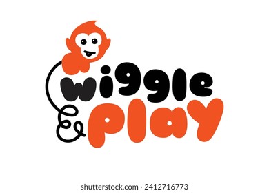 Playful and childish monkey Logo Design. Colorful Wiggle and Play Seamless Pattern for Kids’ Play Area. Monkey with a long tail illustration. Jungle color palette - Vector