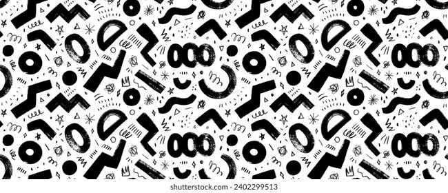 Playful childish seamless banner design with geometric bold lines and charcoal doodles. Hand drawn random childish doodle elements, bold curly lines and brush strokes. Creative art background.