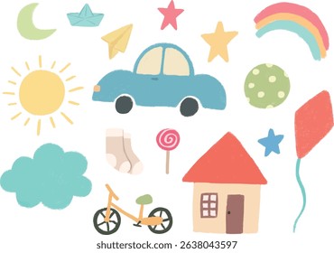 Playful childlike objects illustration set with pencil or chalk texture. Colorful hand drawn kids doodle elements isolated on white 