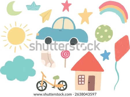Playful childlike objects illustration set with pencil or chalk texture. Colorful hand drawn kids doodle elements isolated on white 