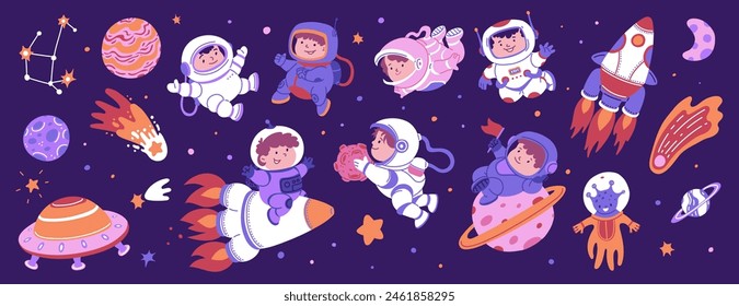 Playful children in astronaut suits exploring space. Vector illustration set features kids with rockets, planets, and stars in a whimsical outer space scene