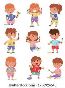 Playful Children Stained Clothes Holding Paintbrushes Stock Vector ...