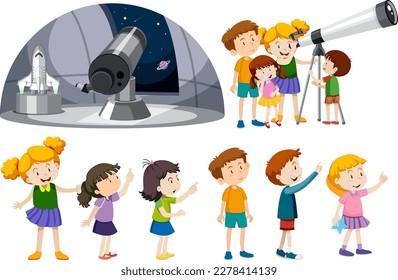 Playful Children Using Telescopes Vector Collection illustration