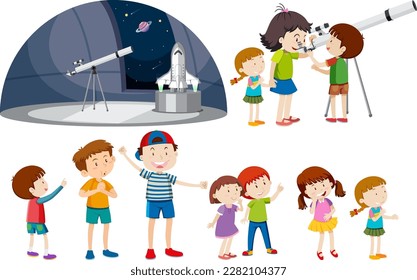 Playful Children Using Telescopes Vector Collection illustration