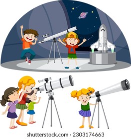 Niños de reproducción utilizando la ilustración de la colección de vectores de telescopios