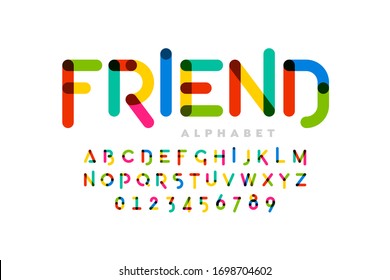 Playful childrens style colorful font design, alphabet letters and numbers, vector illustration