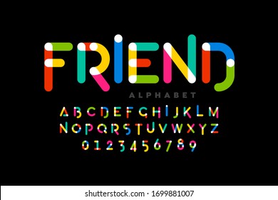 Playful childrens style colorful font design, alphabet letters and numbers, vector illustration