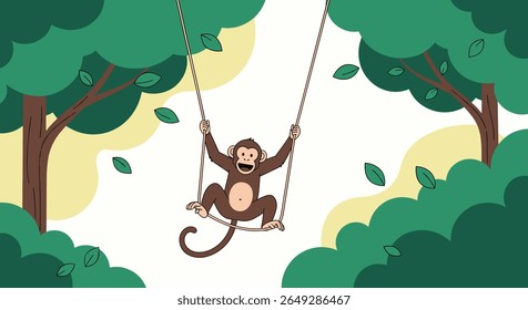 Um chimpanzé brincalhão balança alegremente através da exuberante cobertura verde da floresta em um balanço de corda