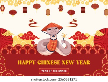 Playful Chinese New Year greeting card celebrating the Year of the Snake with a charming cartoon snake wearing traditional attire, surrounded by red and gold lanterns, clouds, and festive patterns