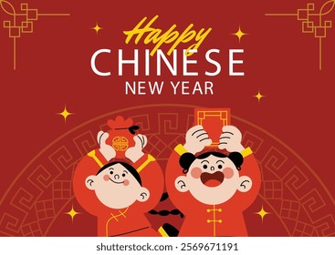 Playful Chinese New Year illustration featuring two cheerful children in traditional attire holding red envelopes and a fortune pouch, a red festive background, golden accents and decorative patterns.