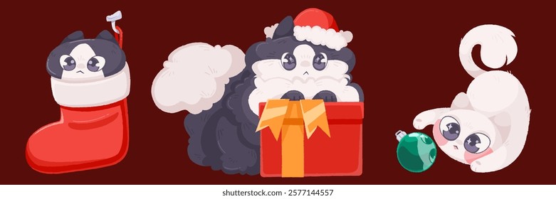 Playful Christmas cats set isolated on background. Vector cartoon illustration of funny pets wearing Santa hat, sweet kitty hiding in gift sock, playing with Xmas tree toy, greeting card mascots