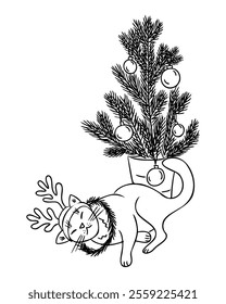 Playful Christmas doodle illustration of cat wearing reindeer antlers and festive wreath, next to decorated pine tree. Vector hand drawn drawing isolated on white background for coloring pages