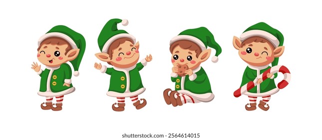 Playful Christmas elves different activities flat color vector icon set. New year festive atmosphere characters pack on white background