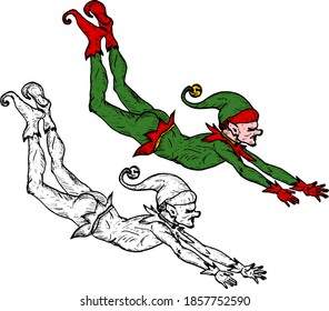 Playful Christmas elves diving around. Hand drawn vector illustration.