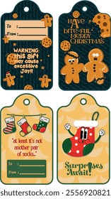 Playful Christmas gift tags featuring gingerbread cookies, chocolate chips, festive stockings, and quirky quotes. Perfect for adding humor and creativity to your holiday gift wrapping and decorations.