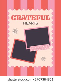 Playful Christmas layout with a postage-stamp inspired frame, bold red and pink striped background, and two overlapping photo placeholders decorated with winter motifs and washi tape.