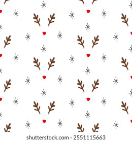 Playful Christmas pattern with reindeer antlers, red noses and snowflakes on a bright white background.