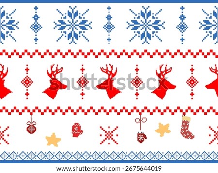 A playful Christmas pixel art border with reindeer, snowflakes, and festive ornaments. Features a classic red, white, and blue palette for holiday themes.